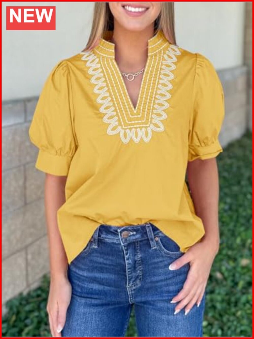 Embroidered V-Neck Puff Sleeve Blouse